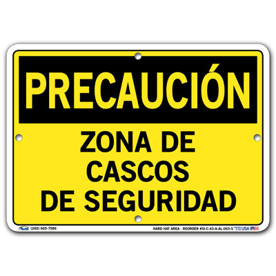 Vestil Caution Sign Hard HAT Area, Zona DE CASCOS DE SEGURIDAD -  SI-C-43-A-AL-063-S