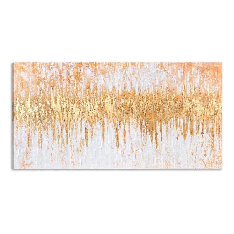 Gold Textured Abstract Canvas Wall Art, Handmade Texture & Foil Effect, Neutral Horizontal Decor, 55" W x 27.5" H