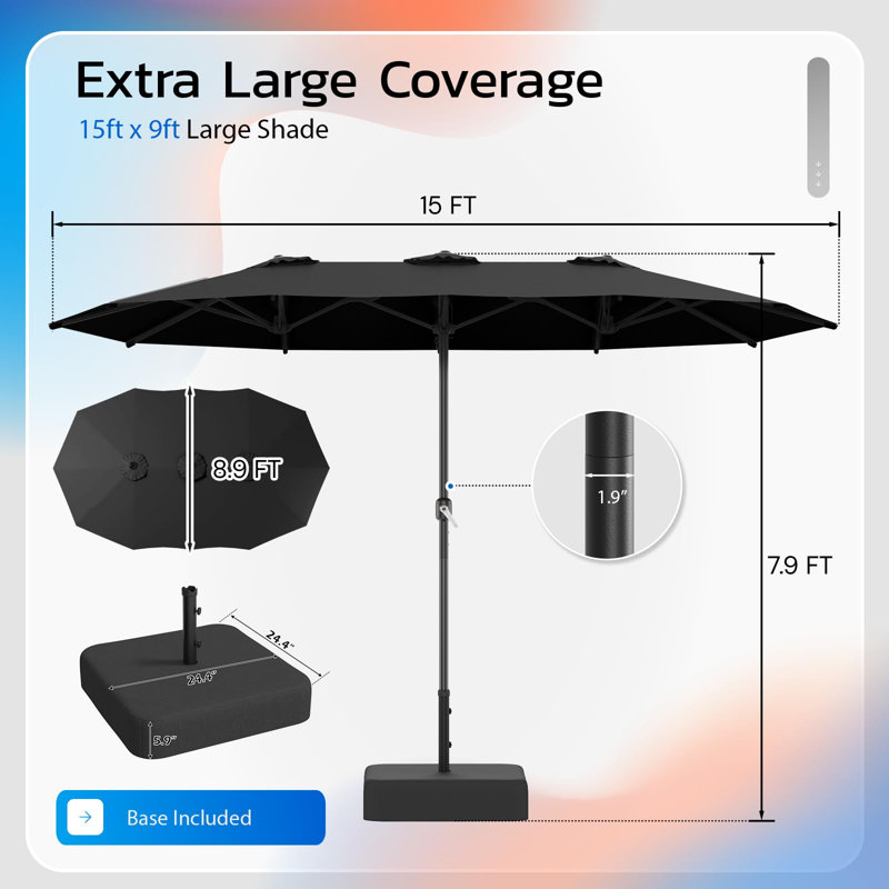 Parasol d'extérieur double face avec base incluse, Noir