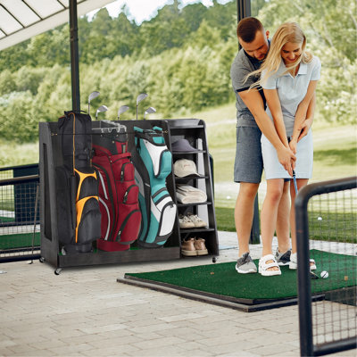 Support de rangement pour sac de golf en bois gris avec 3 tiroirs, pouvant contenir 2 sacs de support et 14+ bâtons, organisateur pour balles de golf, chaussures et accessoires, robuste pour le garage, utilisation intérieure et extérieure, assemblage facile