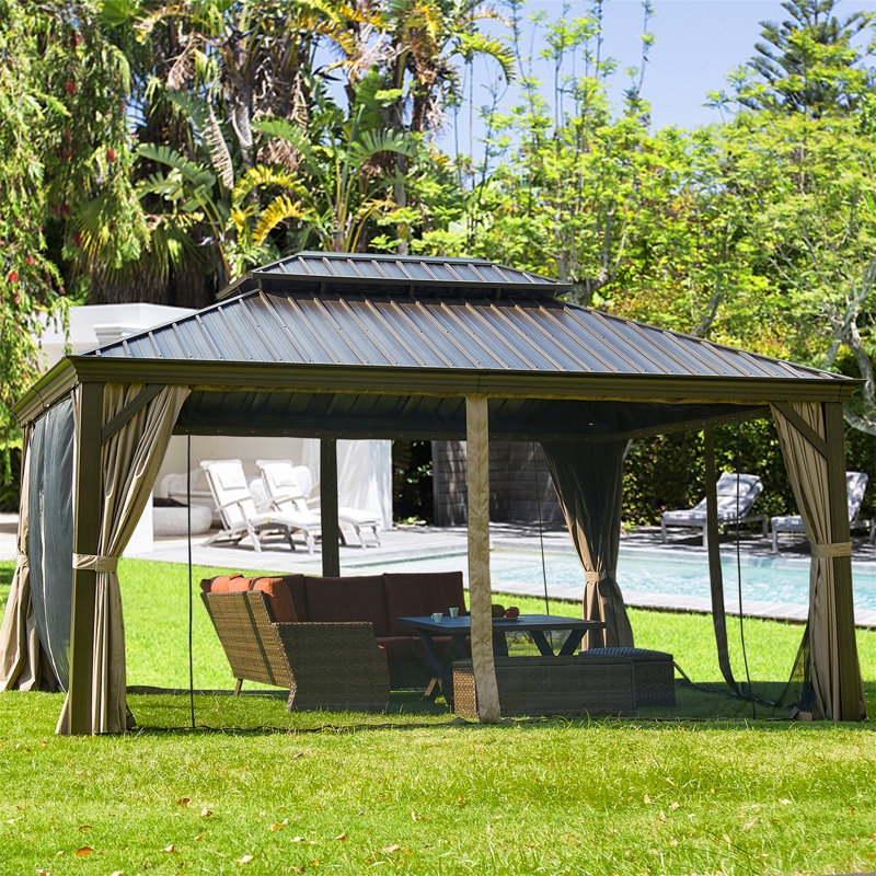 Pavillon de jardin en aluminium avec toit rigide 12 x 16 pi avec rideaux et filet - Pavillon extérieur permanent avec toit en métal pour patio et cour arrière