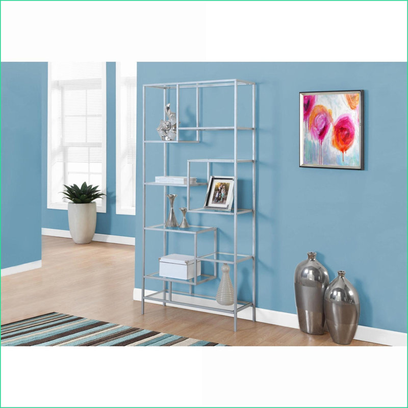 Bibliothèque contemporaine en métal argenté brossé transparent H 72 po | Argent brossé | Verre trempé transparent