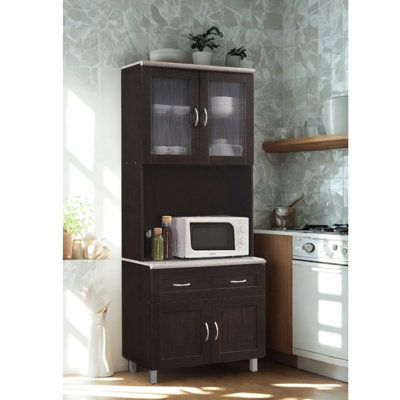 Kitchen Cabinet 31.5 inch Wide Freestanding China Display Hutch with Storage, Microwave Shelf and Utensil Drawer