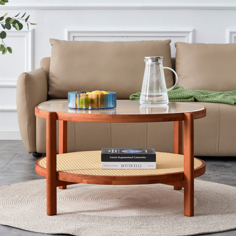 Table basse moderne en bois massif à double couche circulaire, plateau de table en verre artisanal, matériau de la deuxième couche: rotin PE, structure en bois massif