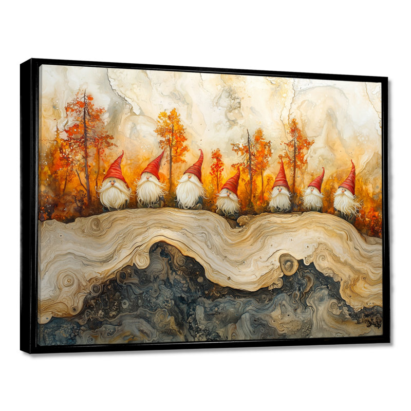 «Autumn Gnomes Family Into The Woods II» - art mural gnome, Noir, noir, noir, noir, Cadre flottant, H 16 po x l 32 po