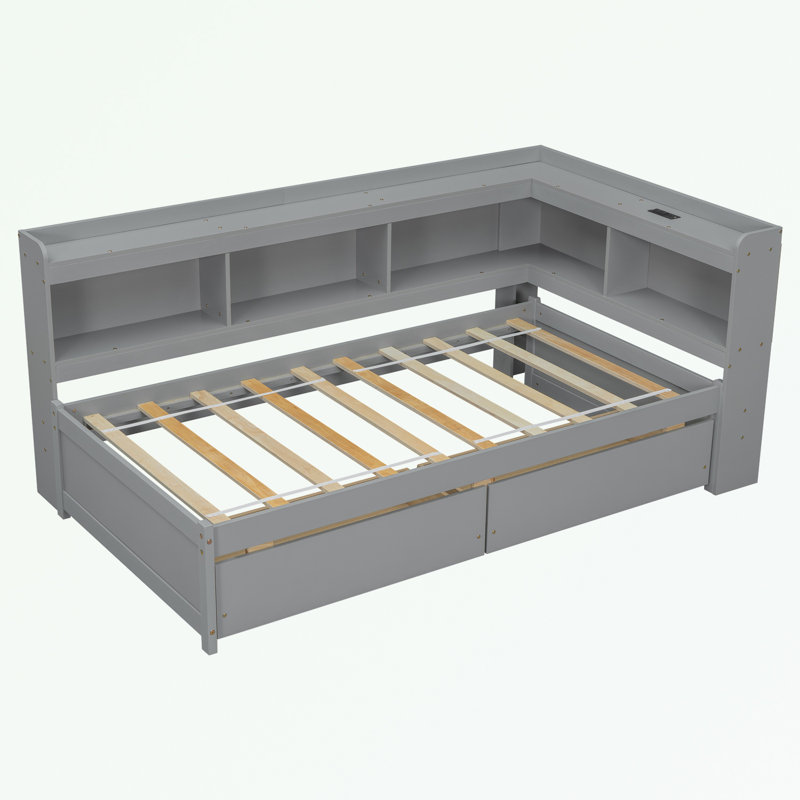 Bookcases Bed with Power Outlets, USB Charging Ports and Two Drawers, Gray, Twin