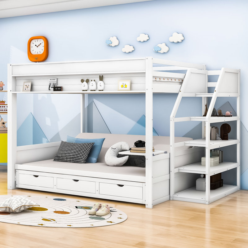 Harsirat Full Over Full 3 Drawer Futon Bunk Bed with Built-in-Desk, White