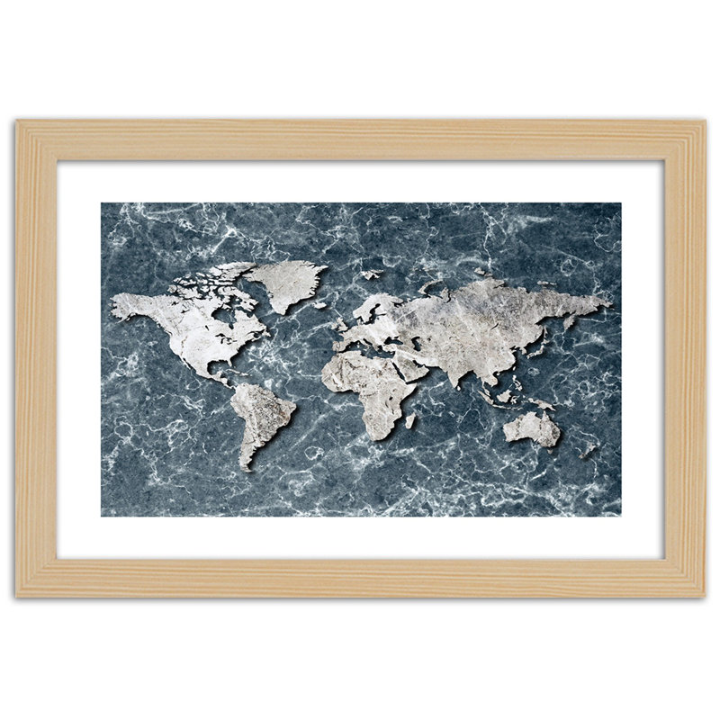 World Map In Marble Grey - Single Picture Frame Print, Tan, 60cm H x 90cm W