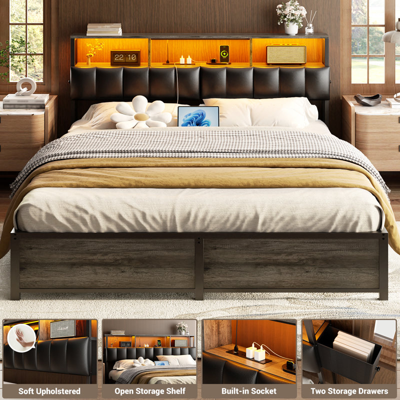 Kulthum Upholstered Headboard with Storage Bags, Gray, Queen