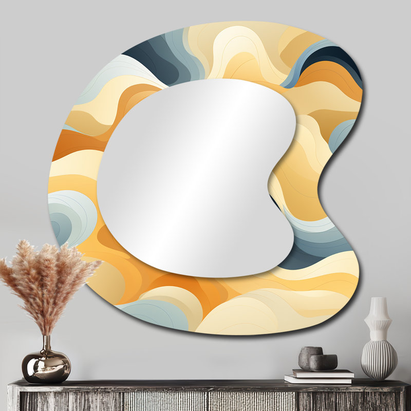 Motif ondulé géométrique jaune et bleu - miroir décoratif de forme unique bord de mer, grand miroir mural asymétrique jaune, impression sur métal