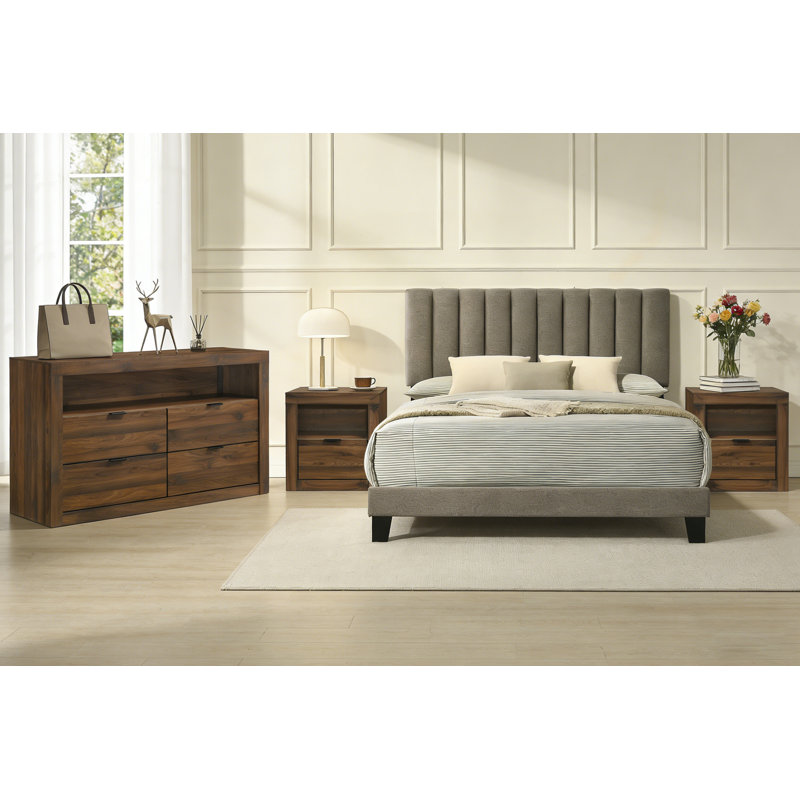 4-Pieces Bedroom Sets, Walnut, 4 Pcs: Bed, 2 Nightstands, Dresser, Queen