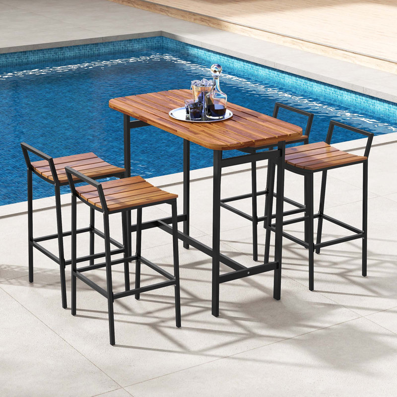 17 Storeys 5 Pcs Acacia Wood Bar Table Set Outdoor Bar Height Table & Chairs With Metal Frame
