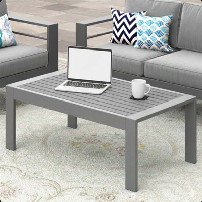 43 X 24 All-Weather Metal Outdoor Coffee Table With Realistic Wood-Look Top And Durable Frame, Perfect For Year-Round Use