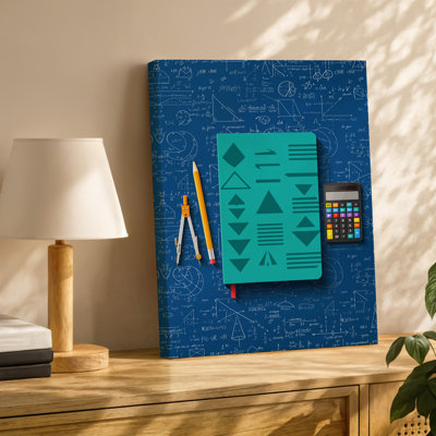Reproduction d'art sur toile, un thème éducatif à plat avec un cahier bleu sarcelle avec des formes géométriques, un crayon jaune vif et une toile