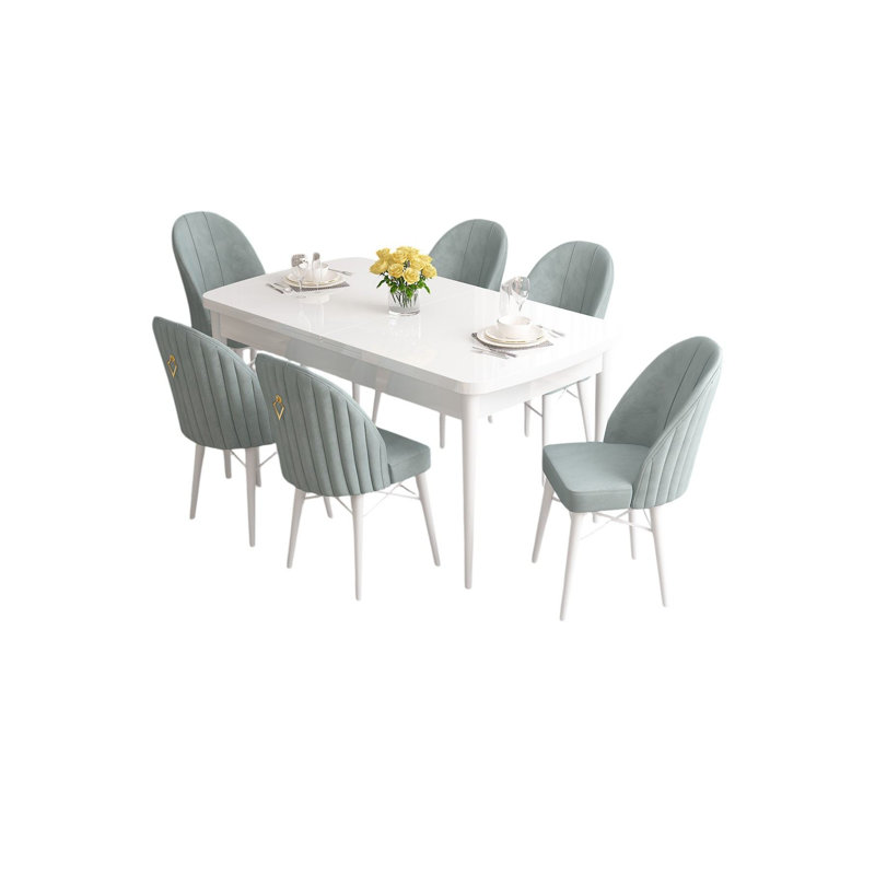 Ensemble de table et chaises de salle à manger moderne extensible (7 pièces), blanc et vert mer, 51,2 po x 30,7 po x 31,5 po | 100% panneau de fibres à densité moyenne avec pieds en bois, structure de chaise en métal, tissu Babyface confortable | Parfait pour les réunions de famille et les salles à manger