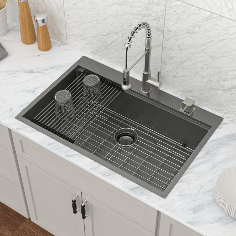 33" x 22" Gunmetal Black Drop-in Kitchen Sink Stainless Steel Workstation Sink with Two Faucet Hole