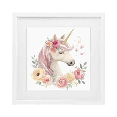 Unicorn with Floral Wreath Framed Print Under Glass, design by Creative Studio