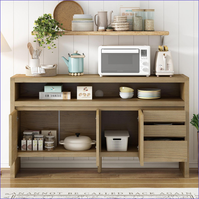 Buffet moderne de 60 po avec 3 portes et 3 tiroirs Tablette ouverte - placage de frêne + panneau de fibres à densité moyenne | Bois massif et panneau de fibres à densité moyenne