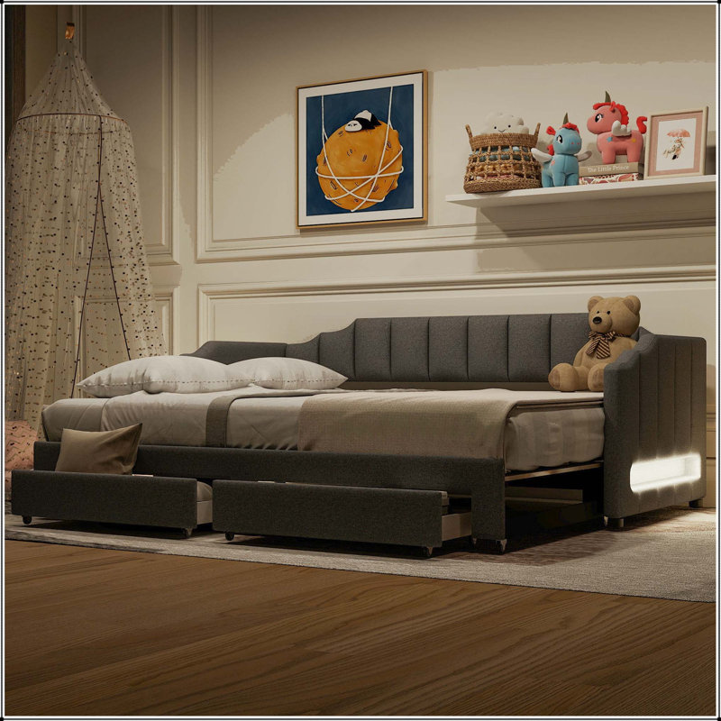 Lit de jour extensible simple TG à très grand avec DEL et tiroirs, Gris