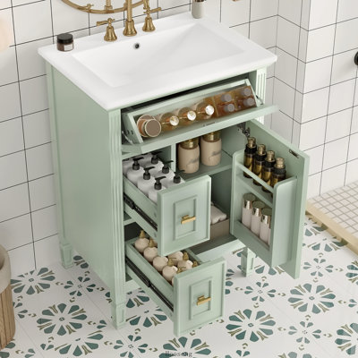 Meuble-lavabo autoportant de 24 po avec comptoir d'évier, armoire en bois massif et panneau de fibres à densité moyenne avec 1 tiroir rabattable, 2 tiroirs standard et tablette réglable, vert