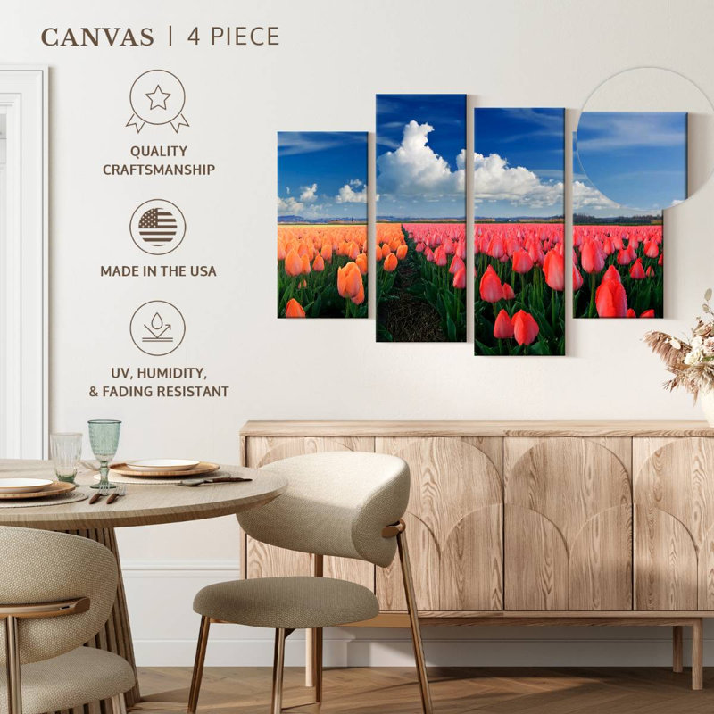 Harnek orange et tulipes roses, H 22 po x l 36 po