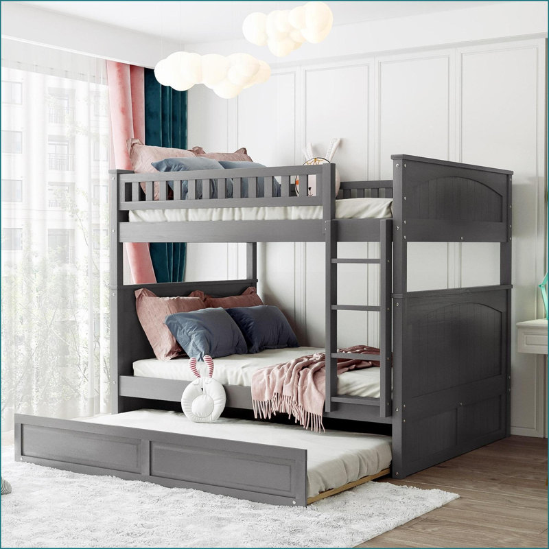 Lit superposé double en bois de pin avec lit gigogne simple - gris brossé, peu encombrant, sans sommier tapissier