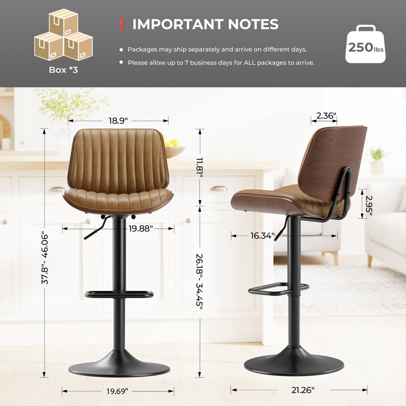 Tabourets de bar modernes pivotants de 26 po de hauteur, tabourets de comptoir à hauteur réglable avec bois cintré, tabourets de bar rembourrés en similicuir avec repose-pieds pour bar, cuisine et salle à manger
