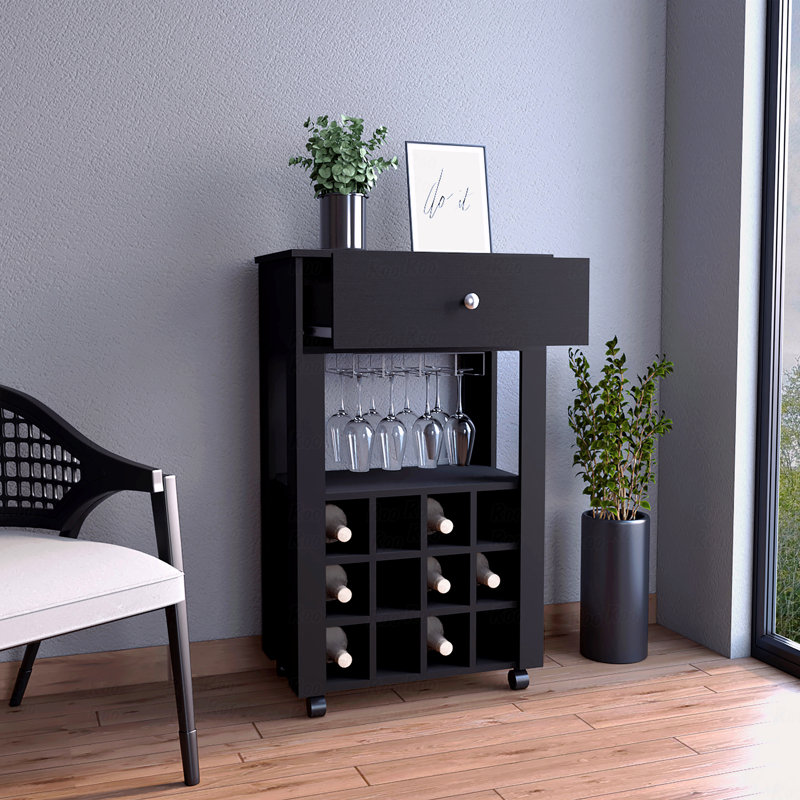 Bar Cart, Twelve Built-In Wine Rack, Four Legs, One Open Shelf, Black