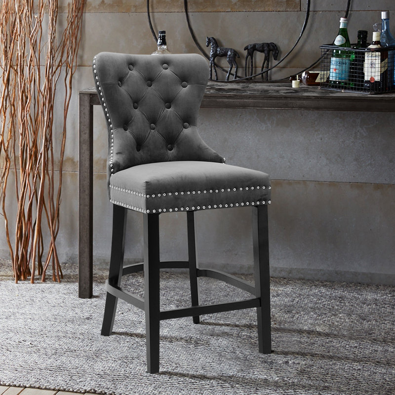 Upholstered Counter Stool with Solid Wood Frame