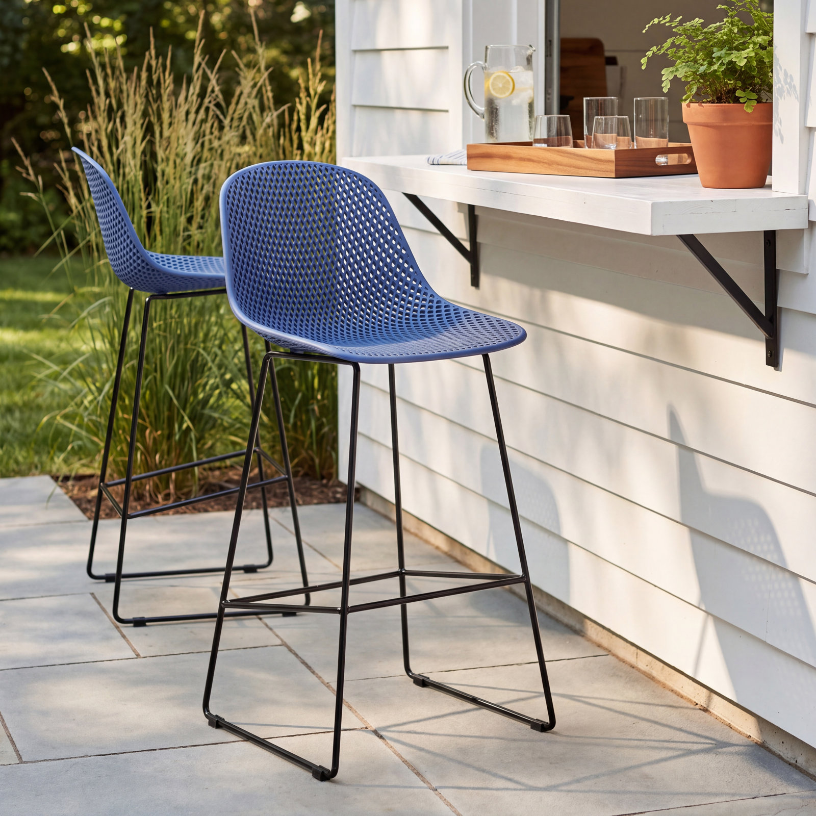 Dusti Iron Outdoor Bar Stool, 29.25" H, Navy