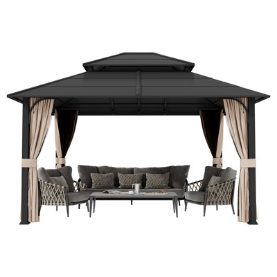 12 x 14ft Hardtop Outdoor Gazebo With Double-layer Roof, Patio Gazebo With Powder-coated Metal Frame, Mosquito Netting & Privacy Curtains–perfect For Patio, Garden & Backyard