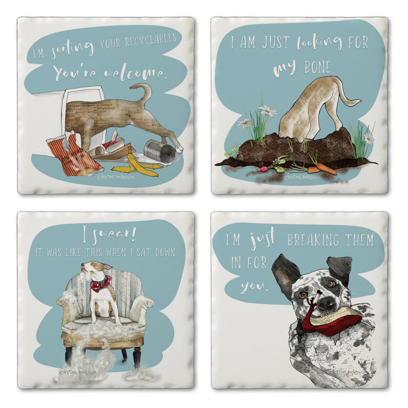East Urban Home Dogs 4 Pack Assorted Tumbled Tile Stone Coasters