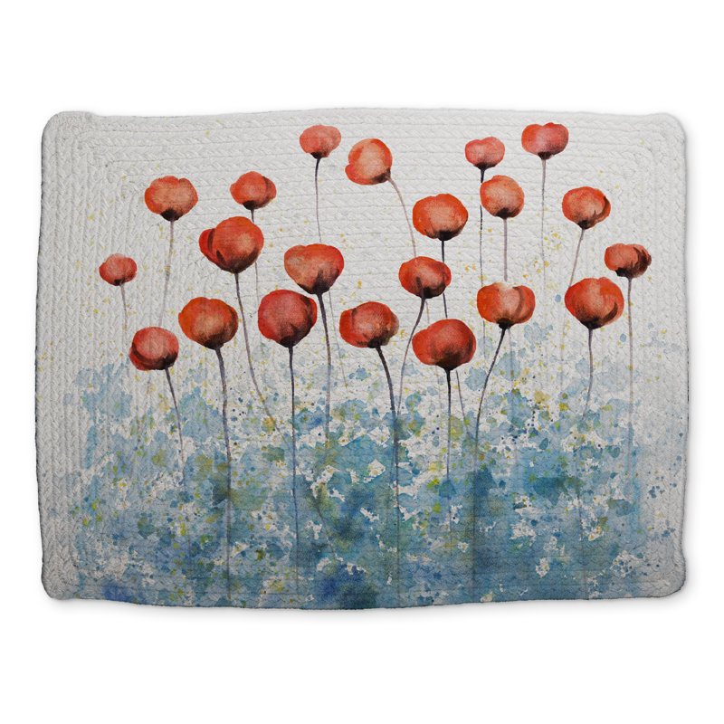 Botanical Blue Romantic Braided Placemat - Red Flowers Design