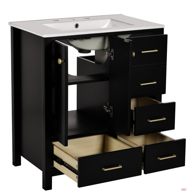 Ensemble de meuble-lavabo 30 po avec lavabo en céramique, armoire de rangement en bois massif, ensemble de meuble-lavabo autoportant avec portes à 4 tiroirs et fermeture en douceur