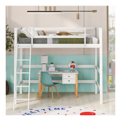 Wood Twin Size Loft Bed With Ladder(White)