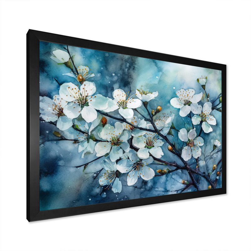 «Ronar White Blue Apple Tree Melody» sur toile, Cadre photo noir, H 24 po x l 32 po x P 1 po