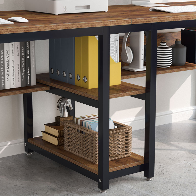 78.74" W Two Person Computer Desk with Bookshelf, Long Double Desk for Home Office, Brown/Black