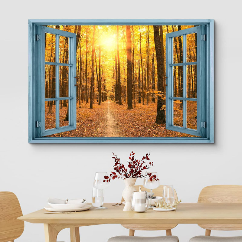 Scène de fenêtre d'automne d'automne «Window View Autumn Fall Spring Season Sunset Forest Nature Scenic Landscape» sur toile
