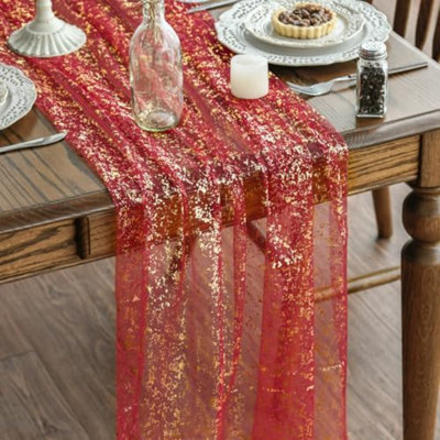 Chemin de table en gaze rouge et or 120 pouces 10 pièces