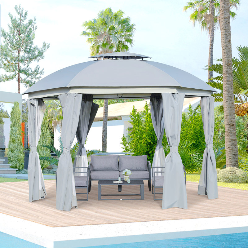 Round Outdoor Gazebo, Patio Dome Gazebo Canopy Shelter With Double Roof, Netting Sidewalls And Curtains, Zippered Doors, Strong Steel Frame
