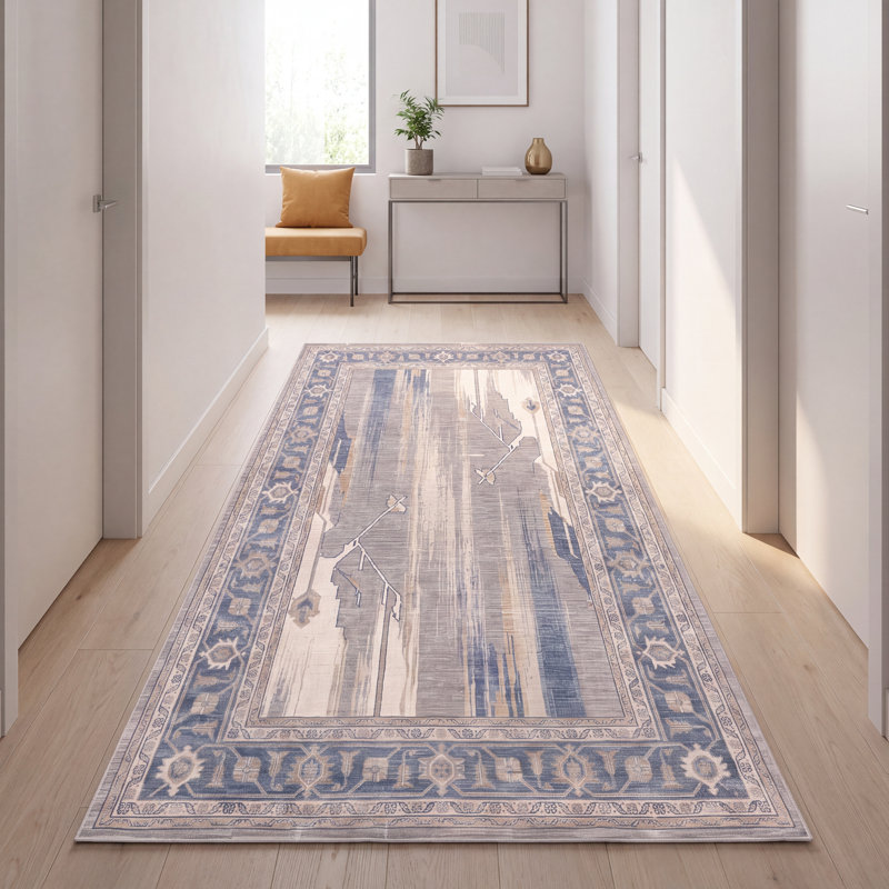 Merrick Modern Distressed Solid Blue Gray Gold Cream Ivory Machine Washable Non-Slip Low Pile Indoor Outdoor Pet Friendly Living Room Bedroom Dining Room Entryway Hallway Office Area Rug
