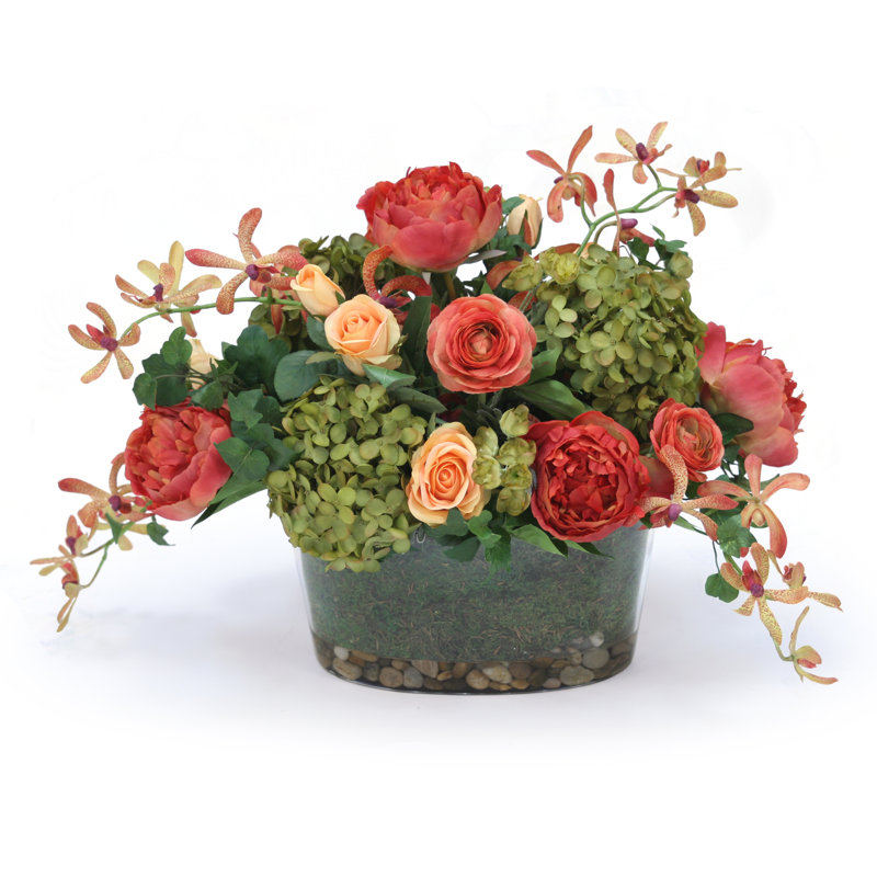 Arrangement floral hortensias et pivoines en pot