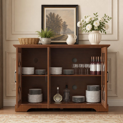 Buffet de 48,66 po x 15,55 po x 34,06 po spacieux avec 3 portes en verre trempé transparent avec tablette réglable, panneau de fibres à densité moyenne avec stratifié chêne foncé pour la salle à manger, la cuisine et le salon