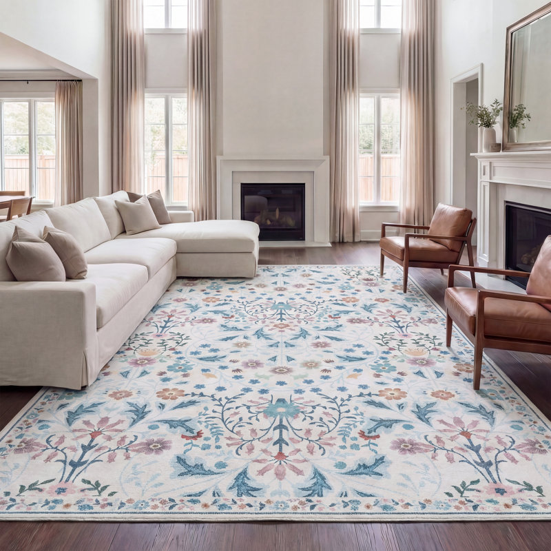 Primrose Art Nouveau Floral Border Machine-Washable Indoor Rug, Cream/Turquoise, Rectangle 9' x 12'