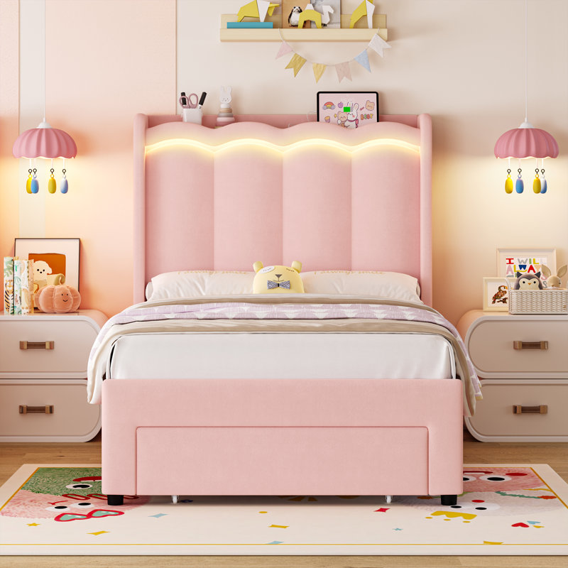 Lit d'enfant en velours avec lumières DEL et lit plateforme avec 1 tiroir, Lit simple, Rose