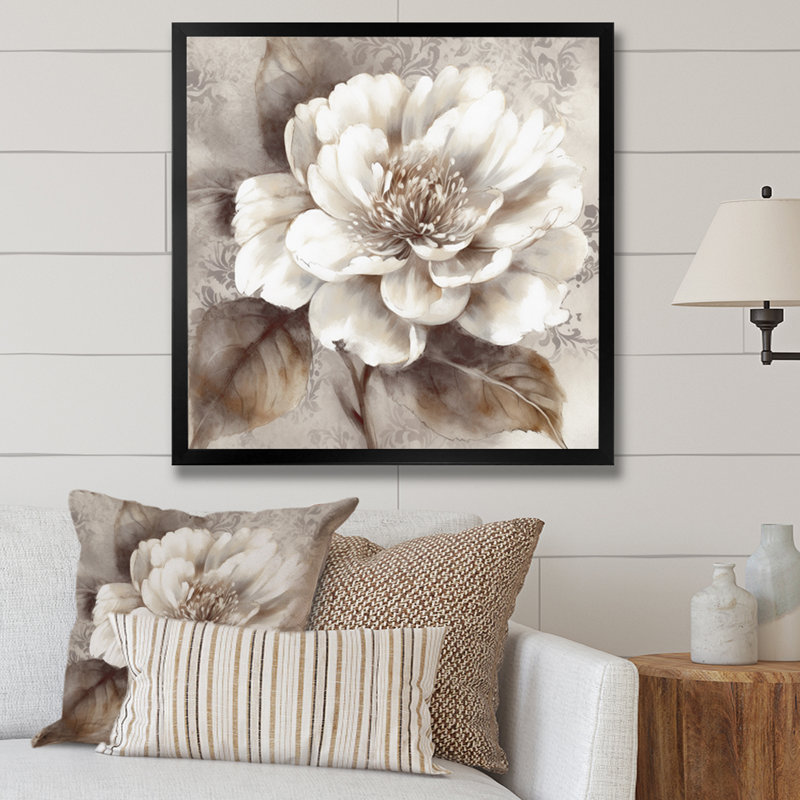 Grey Peonies On Branch III - Peonies Canvas Wall Art, Black Picture Framed, 36" H x 36" W