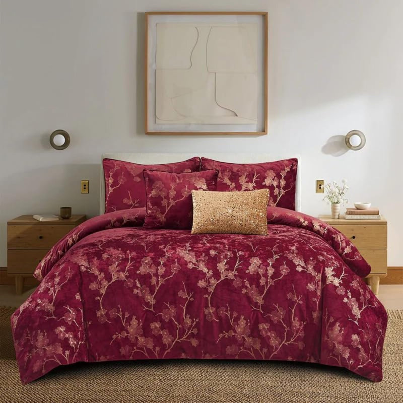 Ensemble d'édredon floral 5 pièces, lit de ferme dans un sac avec édredon, taies décoratives, coussins décoratifs pour toutes les saisons