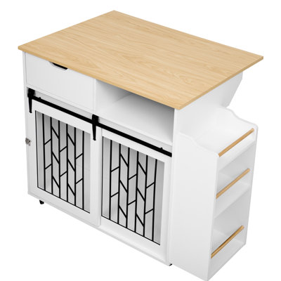 Dog Crate Kitchen Island End Table With Modern And Elegant Design, Ample Storage, Unique Sliding Doors, Pet Space - Toned Wood