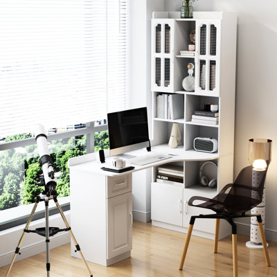 L-shaped Computer Desk For Living Room - White, 21 Design, Drawer, Cabinet, Large Surface Area Corner With Ample Storage Home Office, Study, Bedroom, Or Working Space, Tier Open Shelf, 4 Cabinets, 1