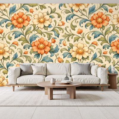 Peel and Stick Wallpaper Vintage Floral Blue Orange Leaves Flowers Wall Murals 69"H x 96"W Removable PVC Wall Paper Self-Adhesive Wall Decor for Bedroom Living Room Home Office